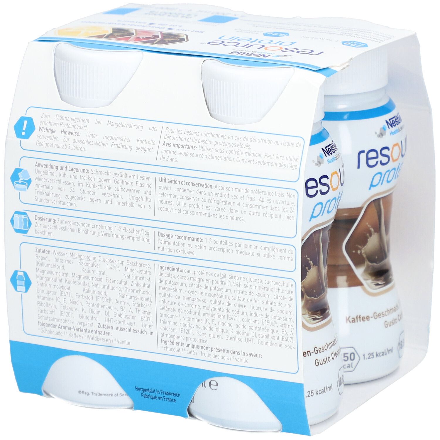 Rückseite der Verpackung mit zwei Flaschen NESTLÉ Resource Protein. Text mit Inhaltsstoffen und Nährwertangaben.