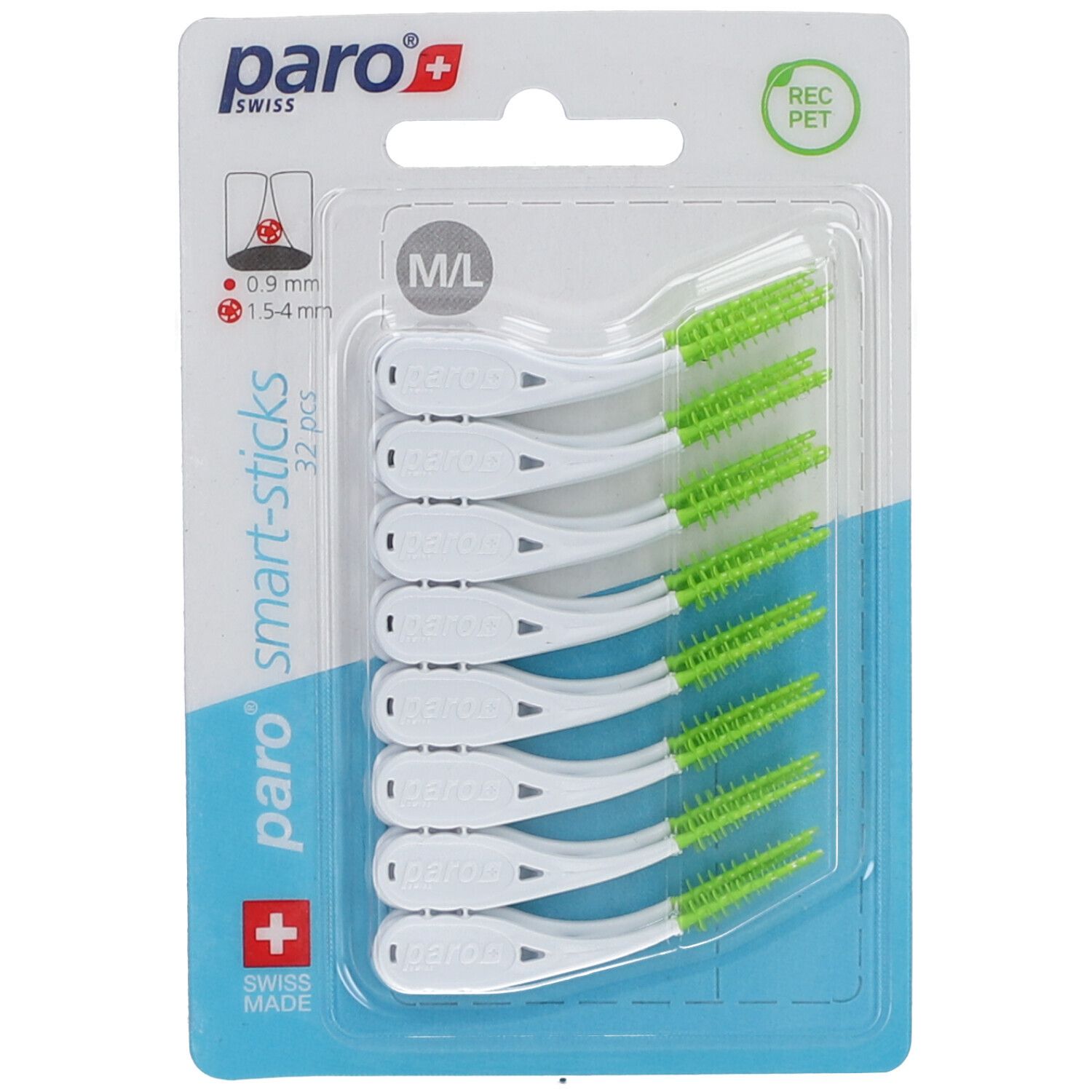 Zahnstocher mit grünen Borsten in Blisterverpackung. M/L-Größe. 32 Stück. Marke Paro Swiss.