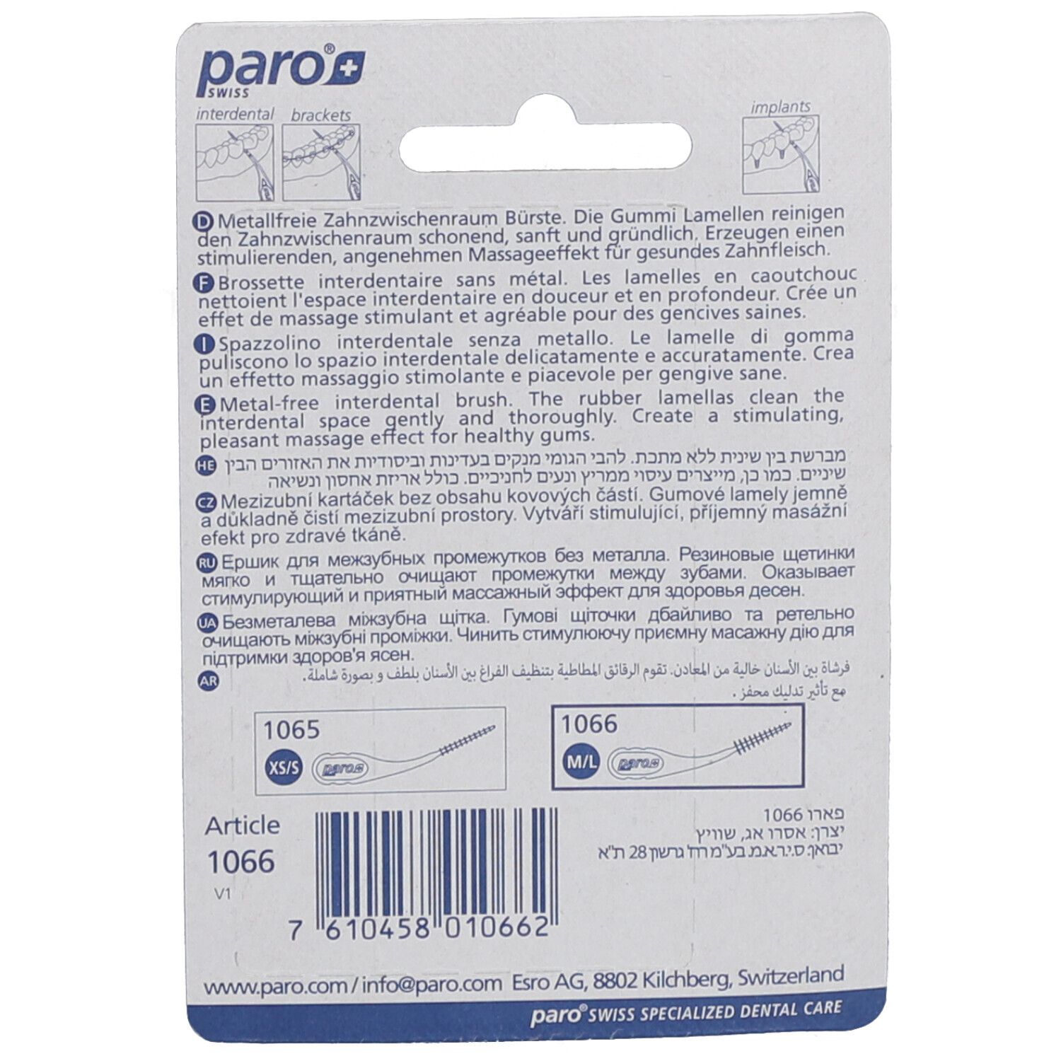 Rückseite der Verpackung mit Produktinformationen. Text in mehreren Sprachen. Artikelnummer 1066 M/L.