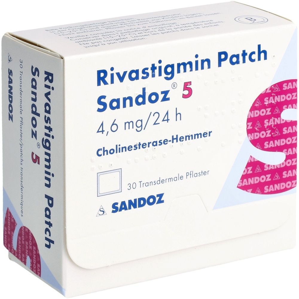 Karton mit Aufschrift "Rivastigmin Patch Sandoz 5". Enthält 30 transdermale Pflaster. Marke Sandoz.