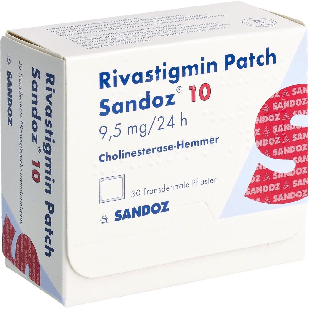 Schachtel mit Rivastigmin Patch Sandoz 10. Enthält 30 transdermale Pflaster. Aufdruck: 9,5 mg/24 h, Cholinesterase-Hemmer.