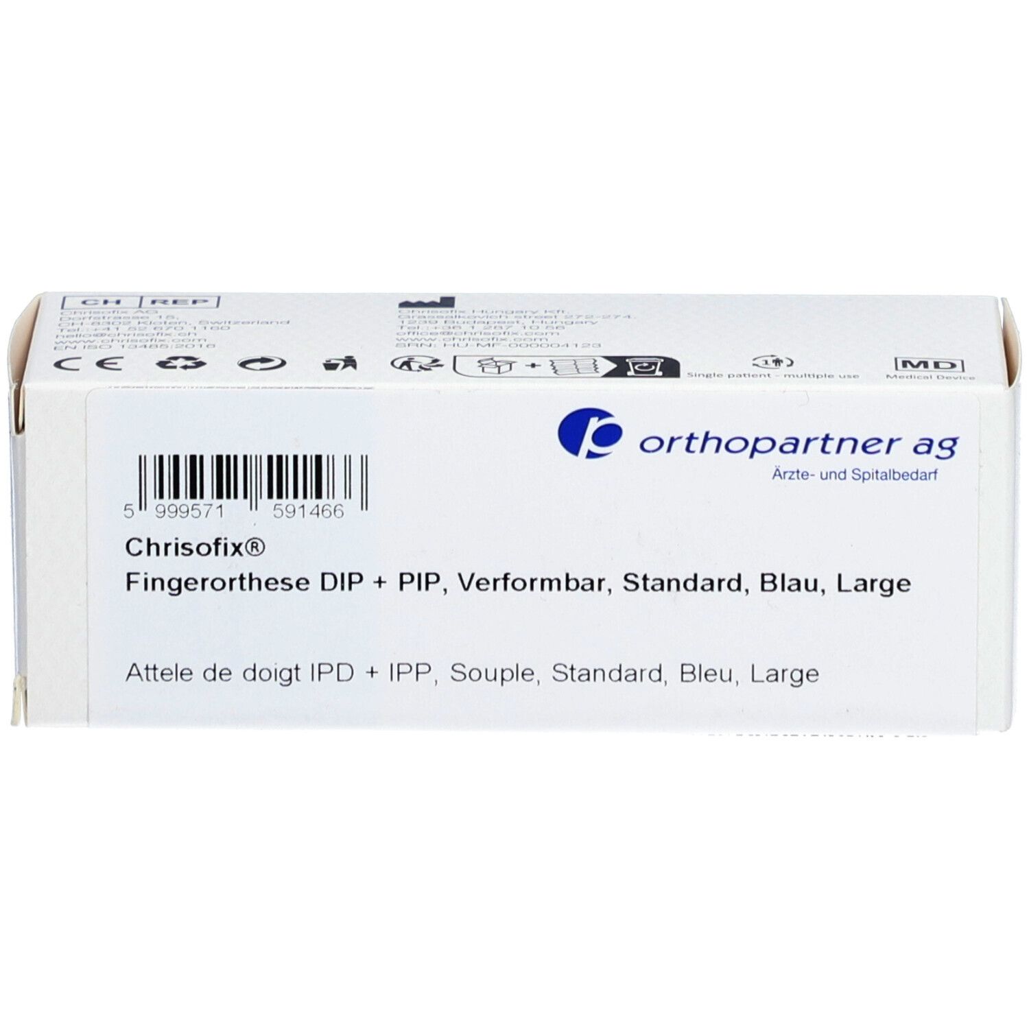 Emballage avec informations produit. Inscription: Chrisofix Attelle de doigt DIP+IPP, Standard, Bleu, Large. Logo Orthopartner AG.