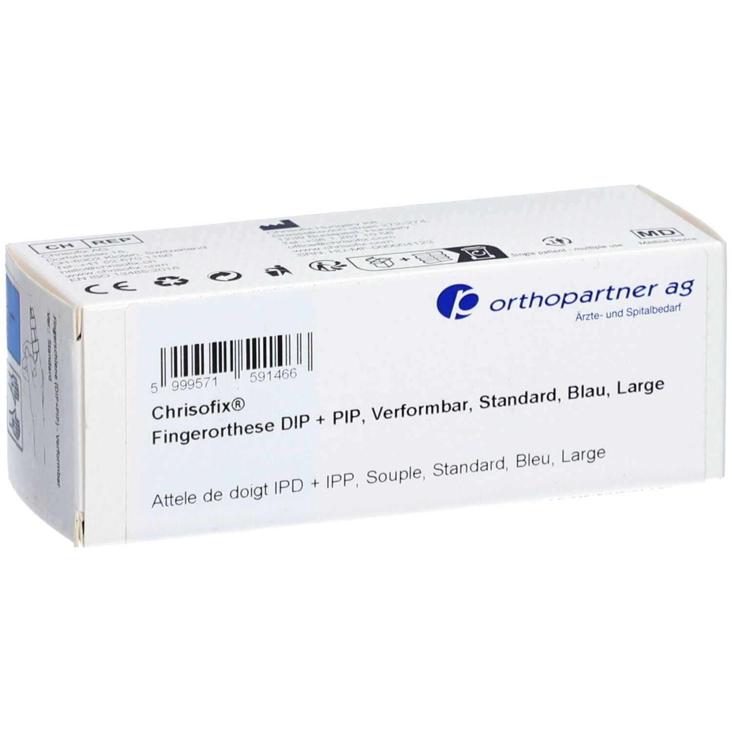 Emballage avec informations produit. Inscription: Chrisofix Attelle de doigt DIP+IPP, Standard, Bleu, Large. Logo Orthopartner AG.