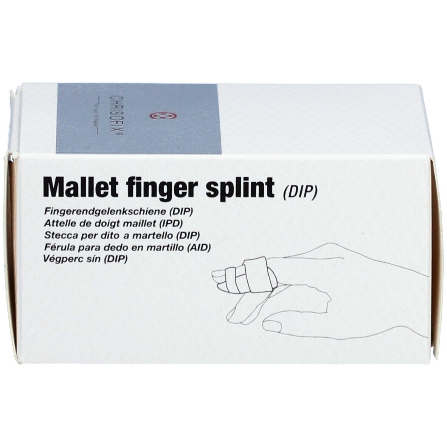 Schachtel mit Aufdruck: Mallet finger splint (DIP). Fingerorthese, Handzeichnung, Produktbezeichnung in mehreren Sprachen.