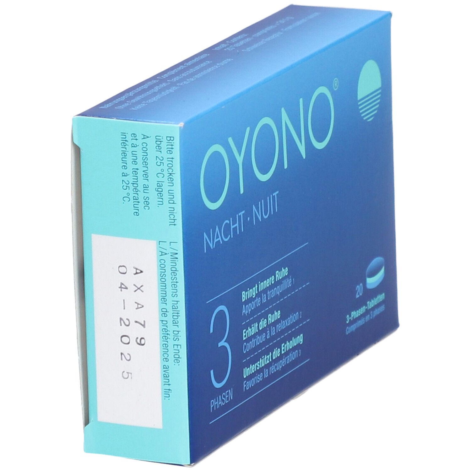 Blaue Schachtel OYONO Nacht. 3 Phasen, 20 Tabletten. Text: Bringt innere Ruhe, Erhält die Ruhe, Unterstützt die Erholung. Mindesthaltbarkeit.