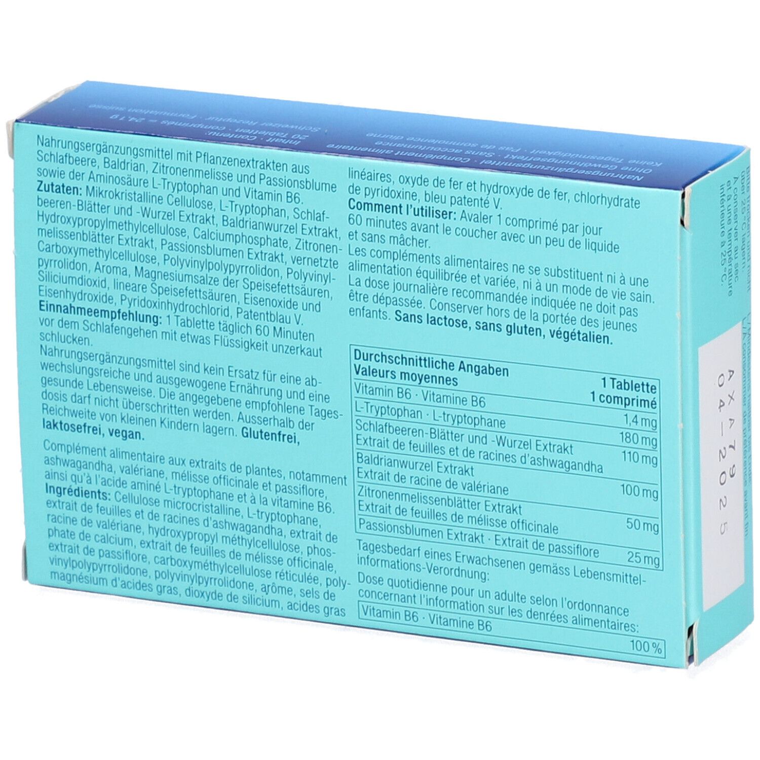 Rückseite der OYONO Nacht Tabletten-Schachtel. Inhaltsstoffe, Nährwertangaben, Verzehrempfehlung. Text in Deutsch und Französisch. 1 Tablette.