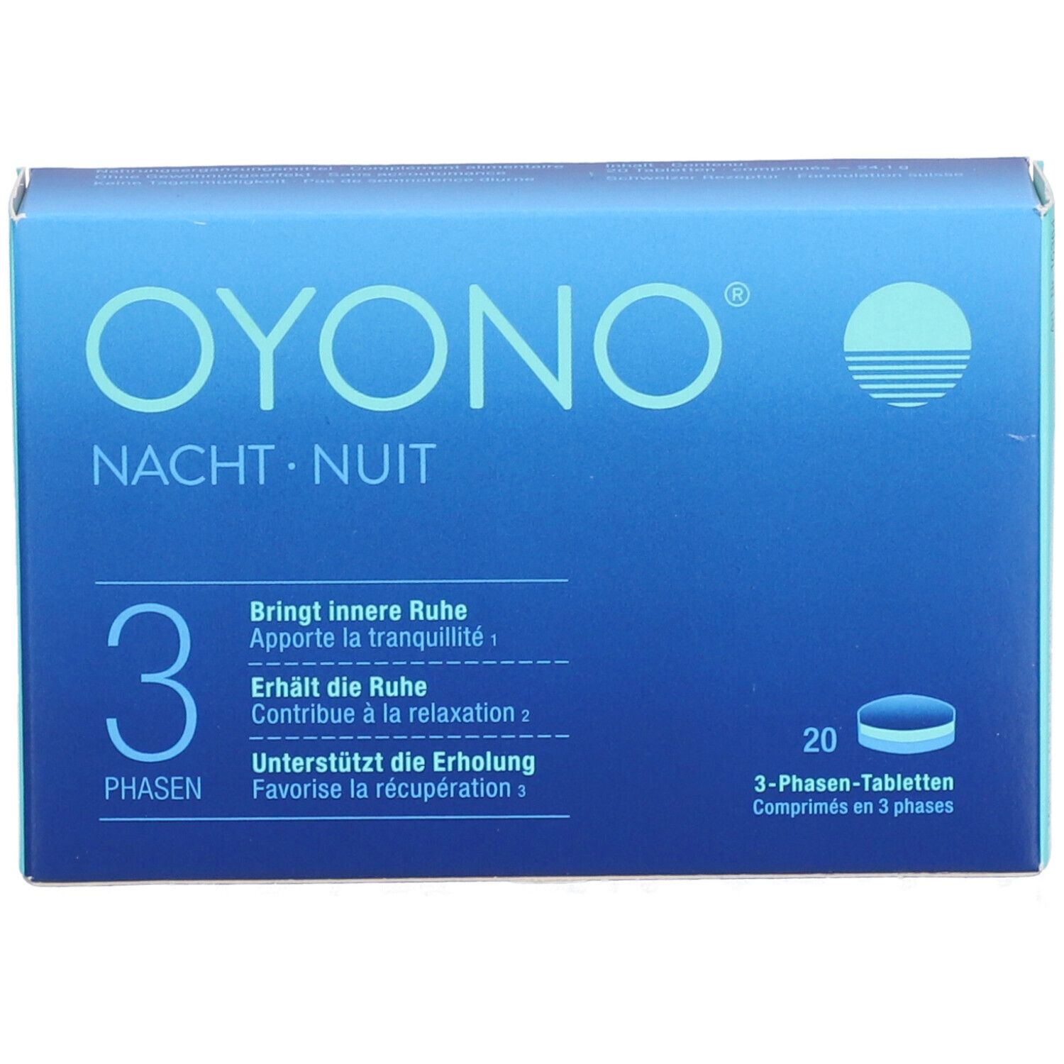 Blaue Schachtel OYONO Nacht Tabletten. 3 Phasen, 20 Tabletten. Text: Bringt innere Ruhe, Erhält die Ruhe, Unterstützt die Erholung.