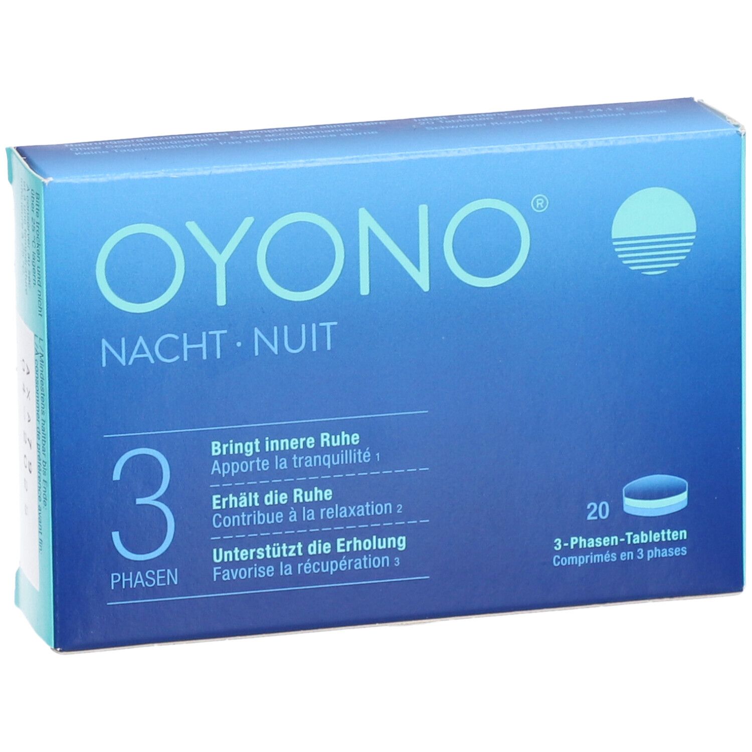 Blaue Schachtel OYONO Nacht Tabletten. 3 Phasen, 20 Tabletten. Text: Bringt innere Ruhe, Erhält die Ruhe, Unterstützt die Erholung.