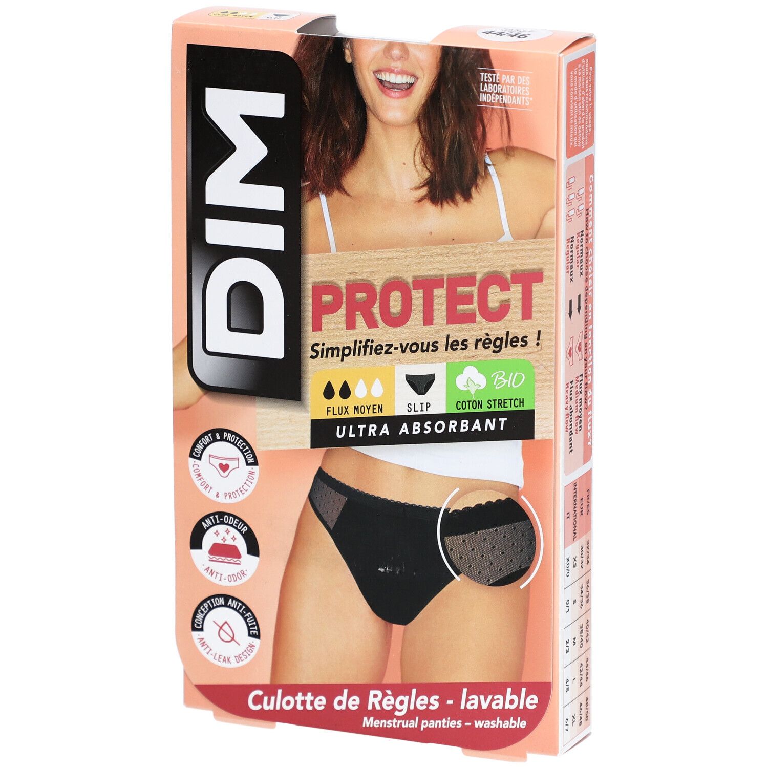 DIM Protect Culotte de Règles Slip Lace Lavable en coton Bio Taille 44-46 - Noir - Flux Moyen