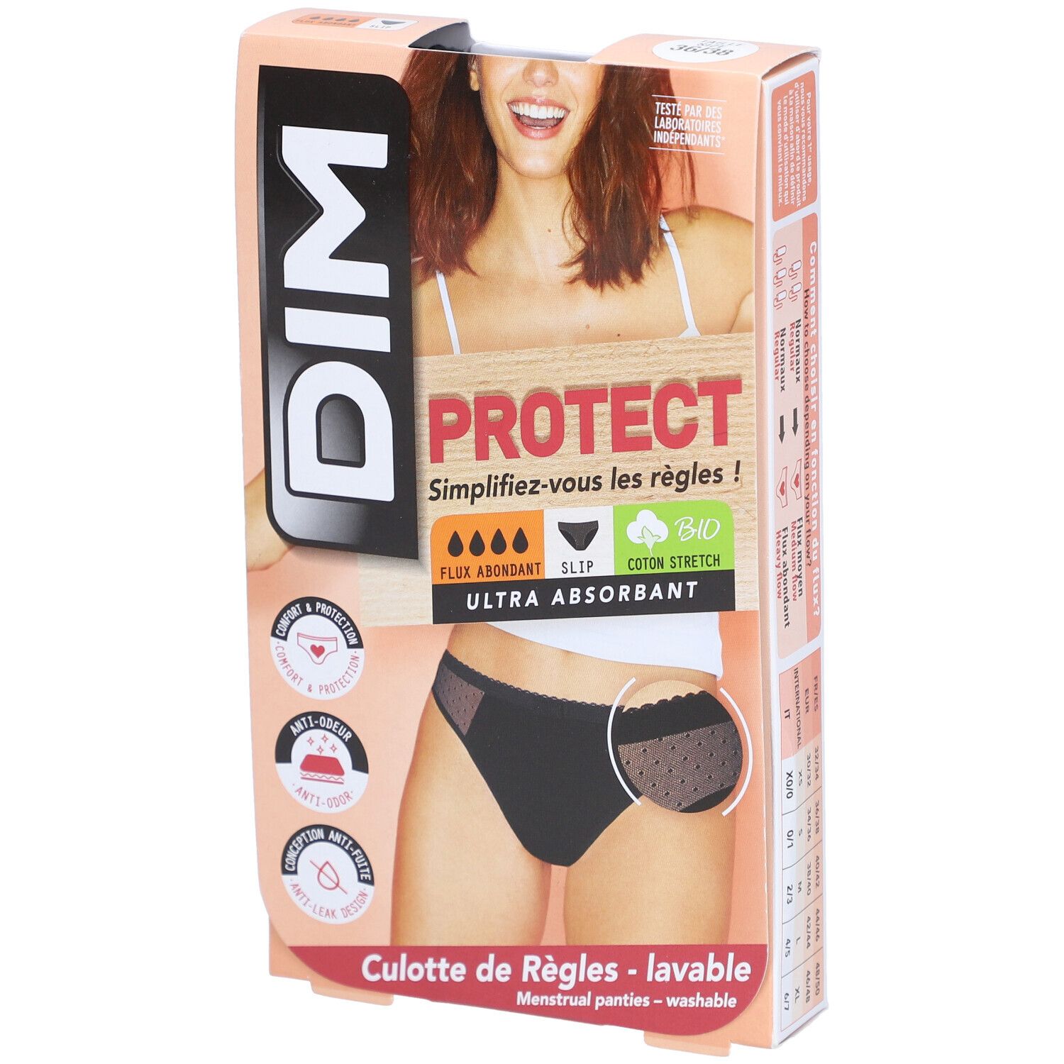 Verpackung mit schwarzem DIM Menstruationshöschen. Text: PROTECT, Ultra Absorbant, Flux Abondant, Bio, Coton Stretch.