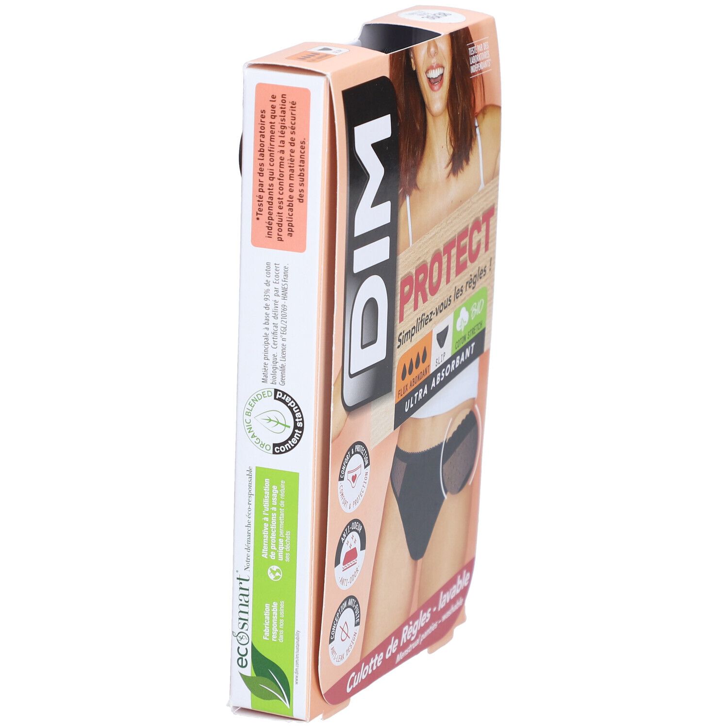 Verpackung DIM mit Menstruationshöschen. Seite mit Text: Ecossmart, Bio, unabhängige Labore.