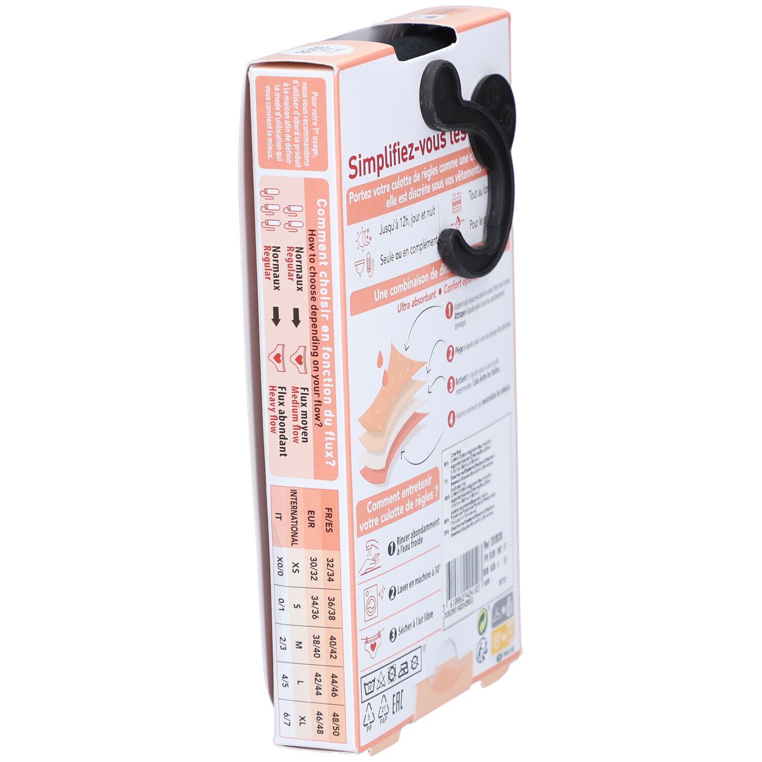 Rückseite der Verpackung mit Menstruationshöschen. Diagramm zur Auswahl der Saugstärke. Größentabelle.