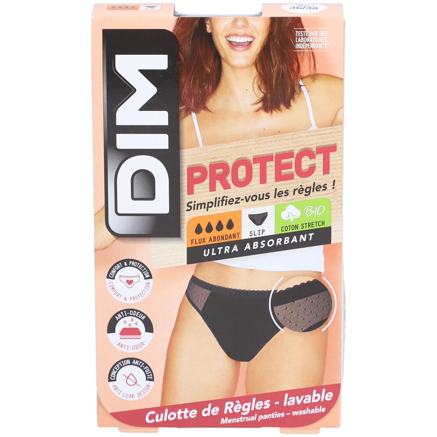 Verpackung mit schwarzem DIM Menstruationshöschen. Text: PROTECT, Ultra Absorbant, Flux Abondant, Bio, Coton Stretch.