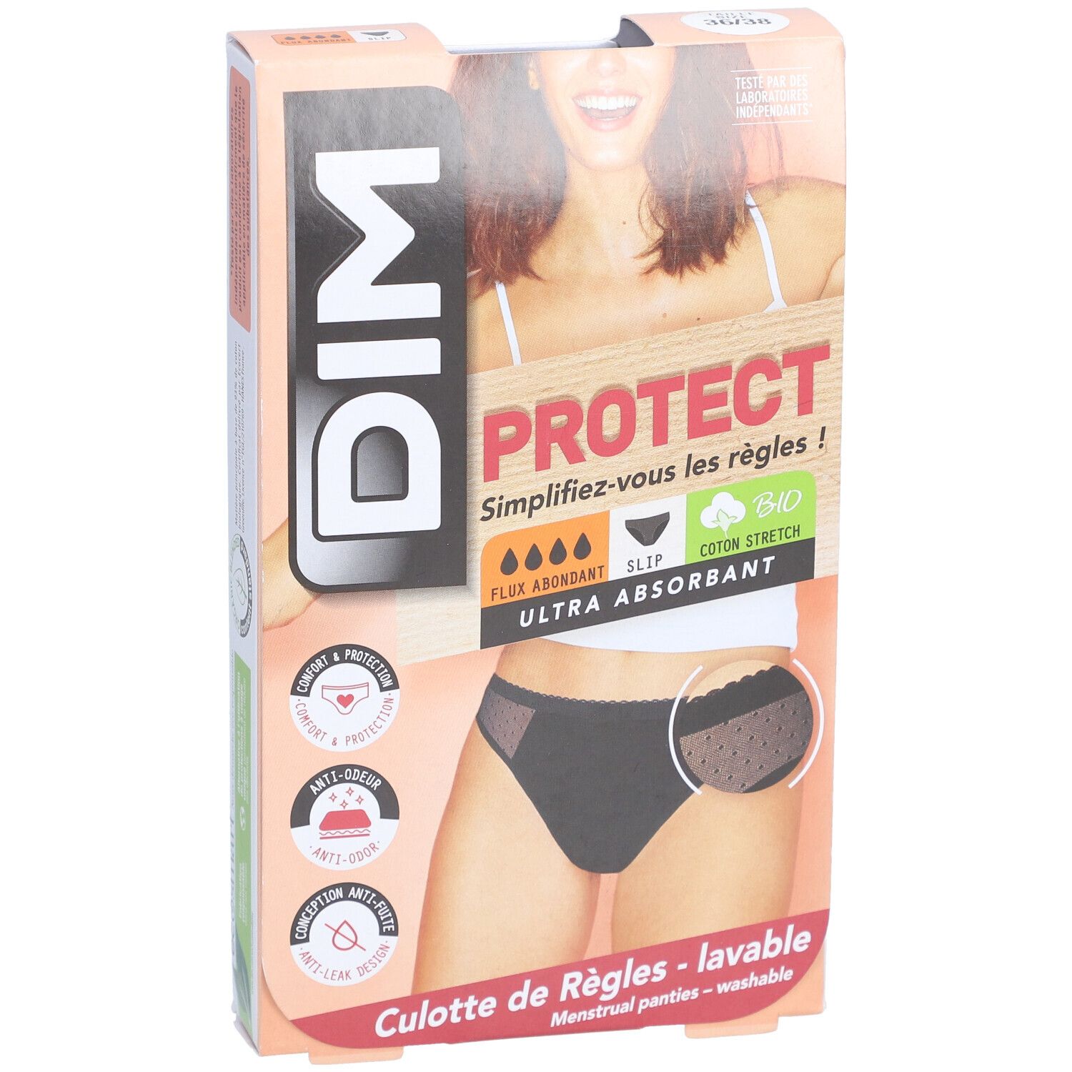 Verpackung mit schwarzem DIM Menstruationshöschen. Text: PROTECT, Ultra Absorbant, Flux Abondant, Bio, Coton Stretch.