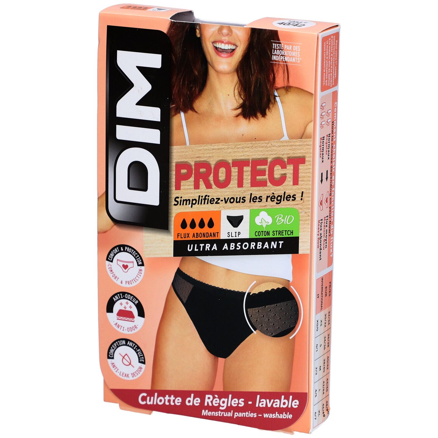 Verpackung mit schwarzem DIM Menstruationshöschen. Aufdruck: PROTECT, ultra absorbierend, Bio-Baumwolle. Modell mit Spitze.