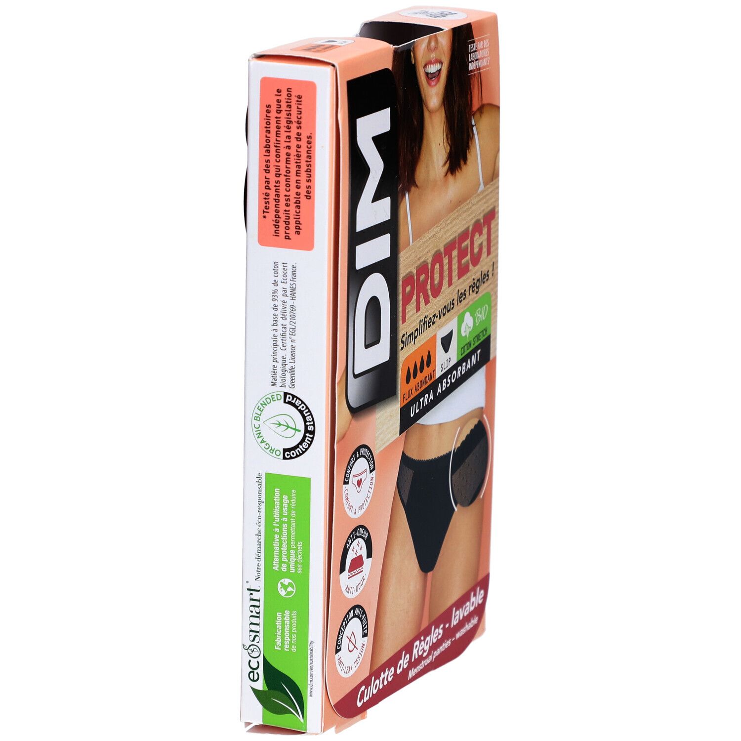 Seitenansicht der DIM-Verpackung. Schwarzes Menstruationshöschen, Aufdruck PROTECT, Bio-Baumwolle. Öko-Zertifizierung.