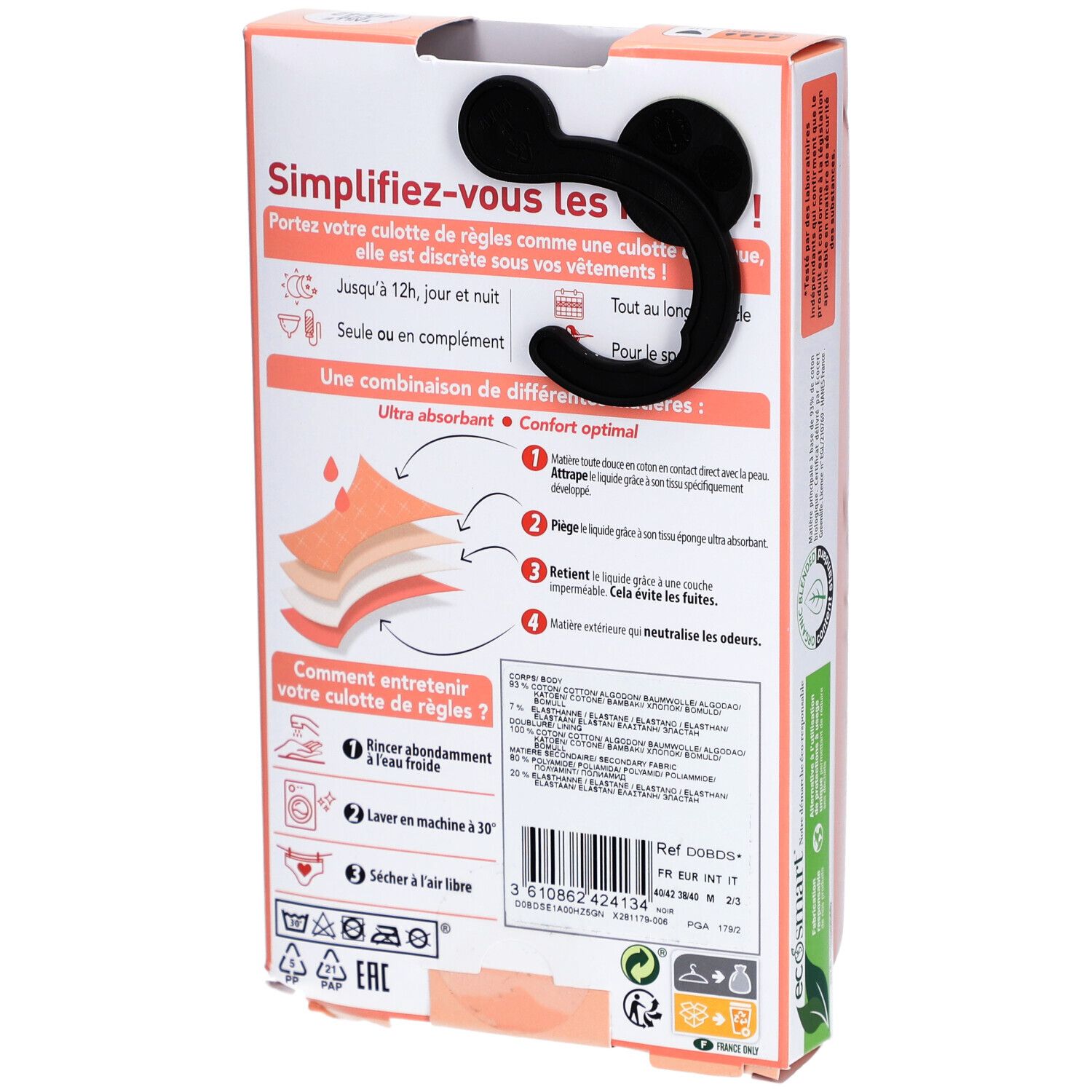 Rückseite der DIM-Verpackung. Anweisungen zur Pflege des Menstruationshöschens. Waschsymbole, Materialangaben.