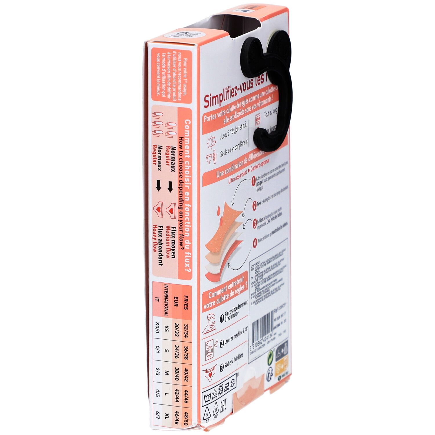 DIM-Verpackung, Seite mit Größenangaben. Größenübersicht für Menstruationshöschen. Waschsymbole.