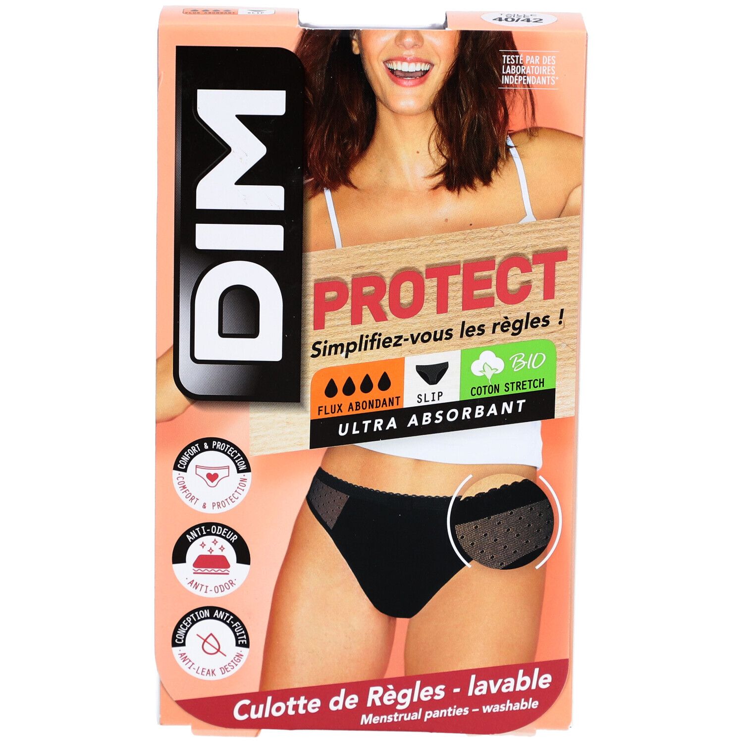 DIM-Verpackung mit schwarzem Menstruationshöschen. Aufdruck: PROTECT, ultra absorbierend, Bio-Baumwolle. Modell mit Spitze.