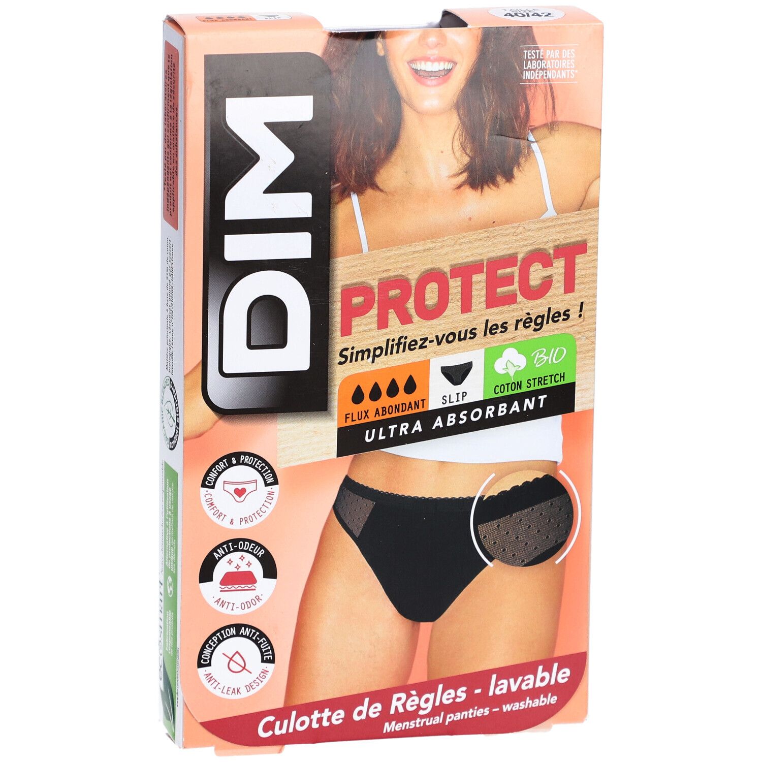 DIM-Verpackung mit schwarzem Menstruationshöschen. Aufdruck: PROTECT, ultra absorbierend, Bio-Baumwolle. Modell mit Spitze.