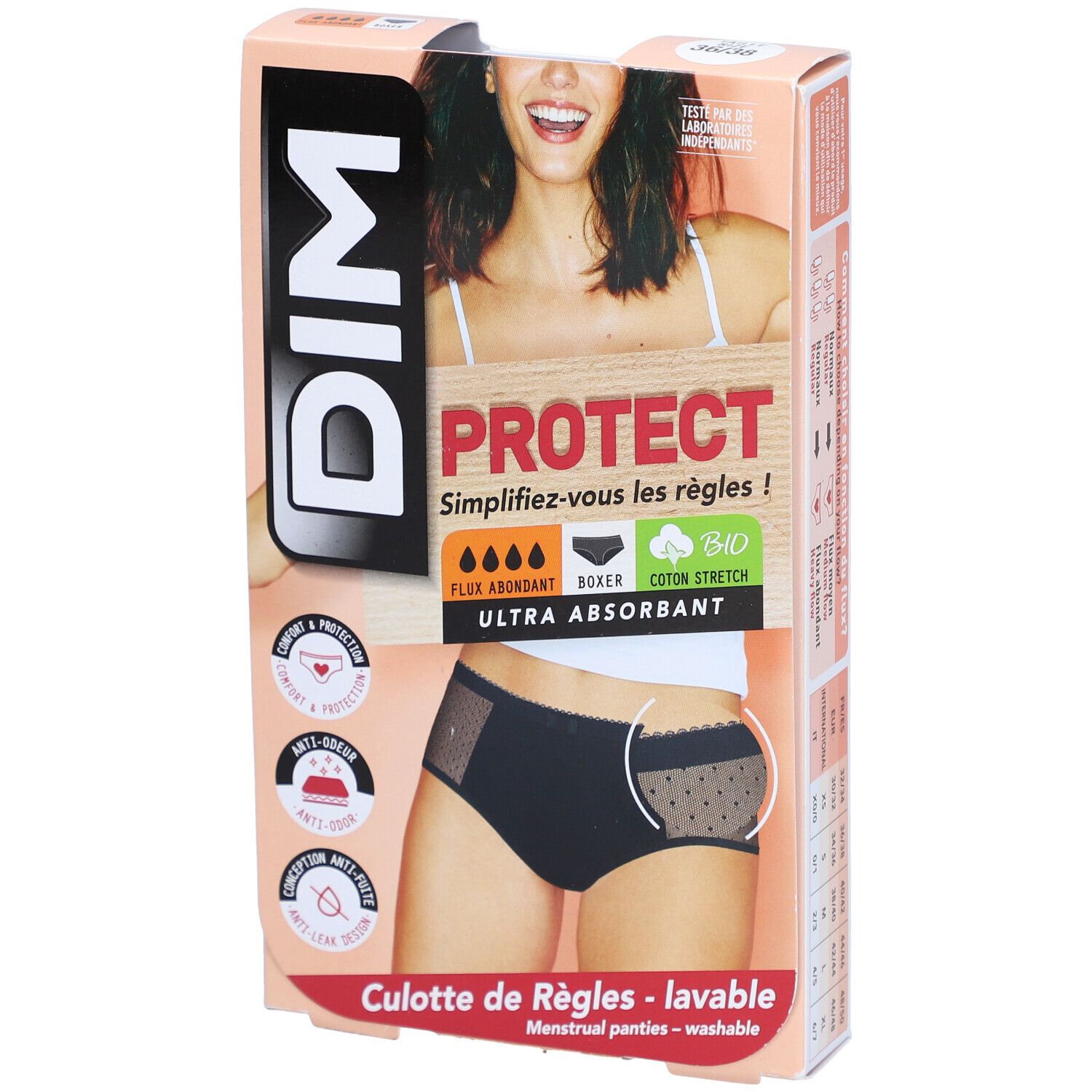 DIM Menstruationshöschen-Verpackung. Schwarze Boxer-Hose mit Spitze. Aufdruck: PROTECT, Ultra absorbierend. Bio-Baumwolle.