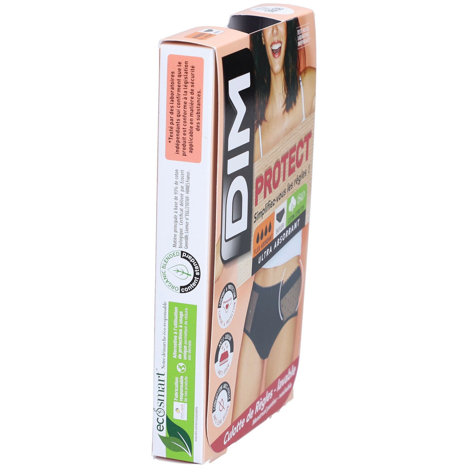 DIM-Verpackung, Seitenansicht. Produkt: Menstruationshöschen. Text: PROTECT, Ultra absorbierend. Öko-Siegel. Waschbar.