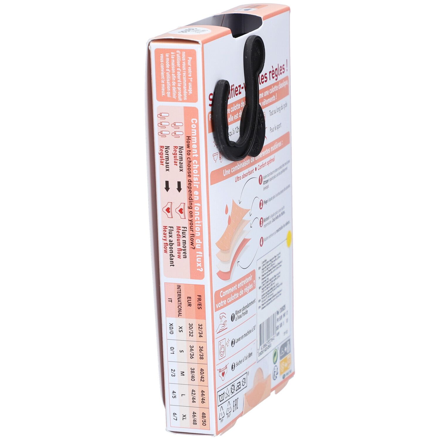 DIM-Verpackung, Seitenansicht. Größentabelle für Menstruationshöschen. Ref: D0826. Wasch- und Pflegehinweise.