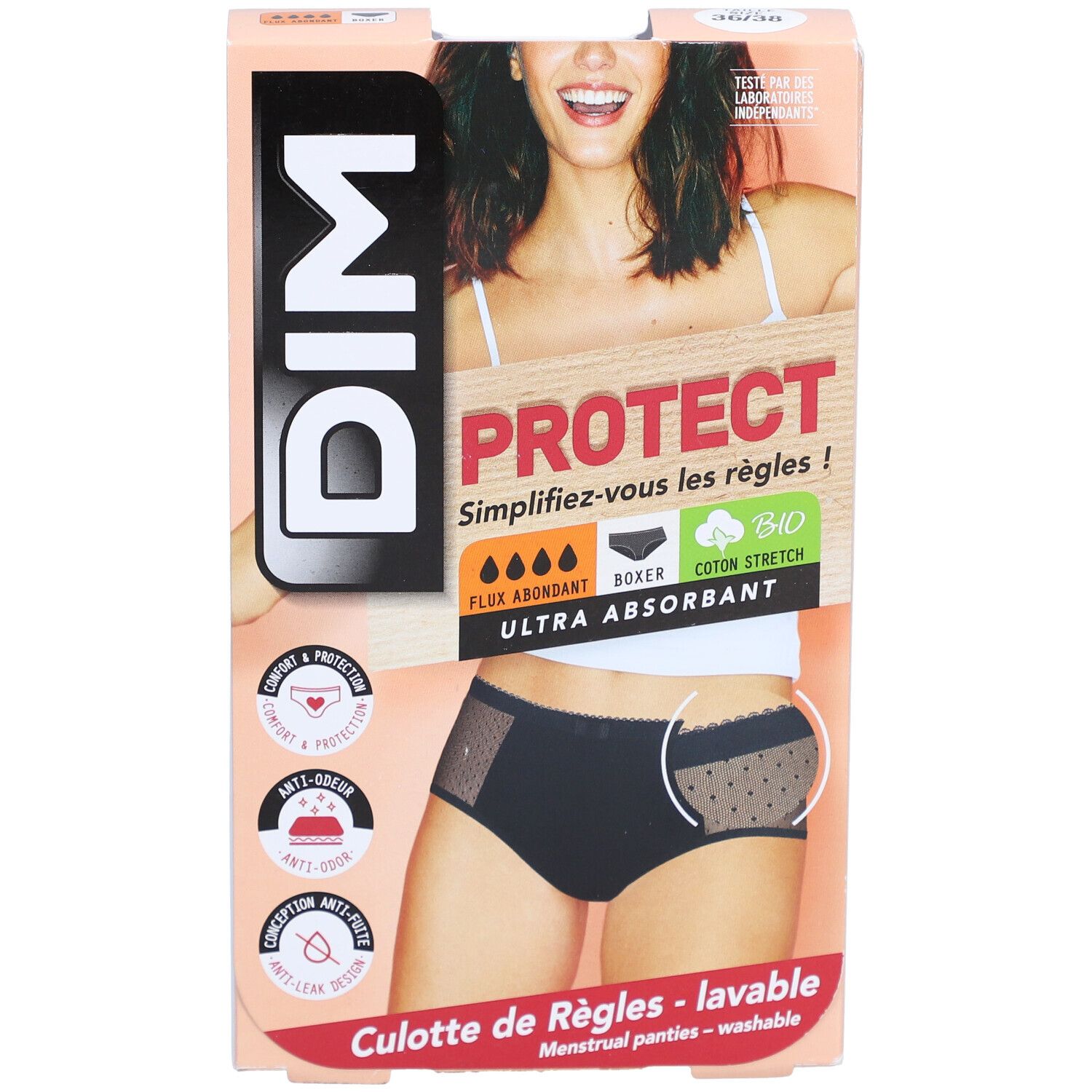 DIM-Verpackung. Menstruationshöschen. Schwarze Boxer-Hose mit Spitze. Aufdruck: PROTECT, Bio-Baumwolle. Waschbar.
