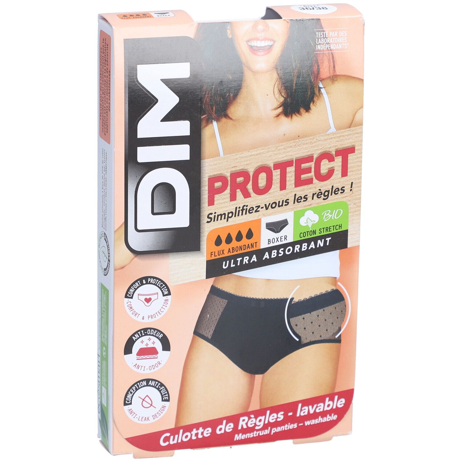 DIM-Verpackung. Menstruationshöschen. Schwarze Boxer-Hose mit Spitze. Aufdruck: PROTECT, Bio-Baumwolle. Waschbar.