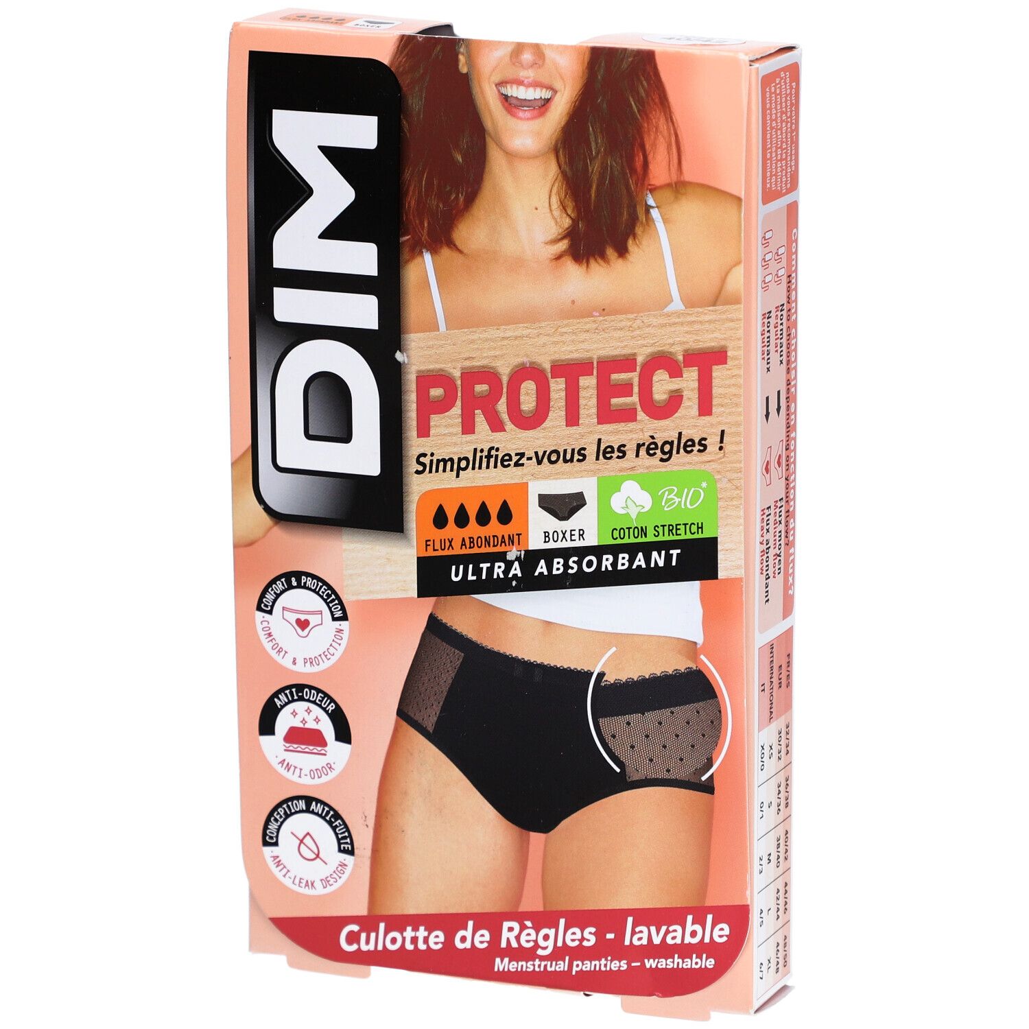 DIM Culotte de Règles en coton bio Lavable - Boxer Lace Noir 40-42 - Flux abondant