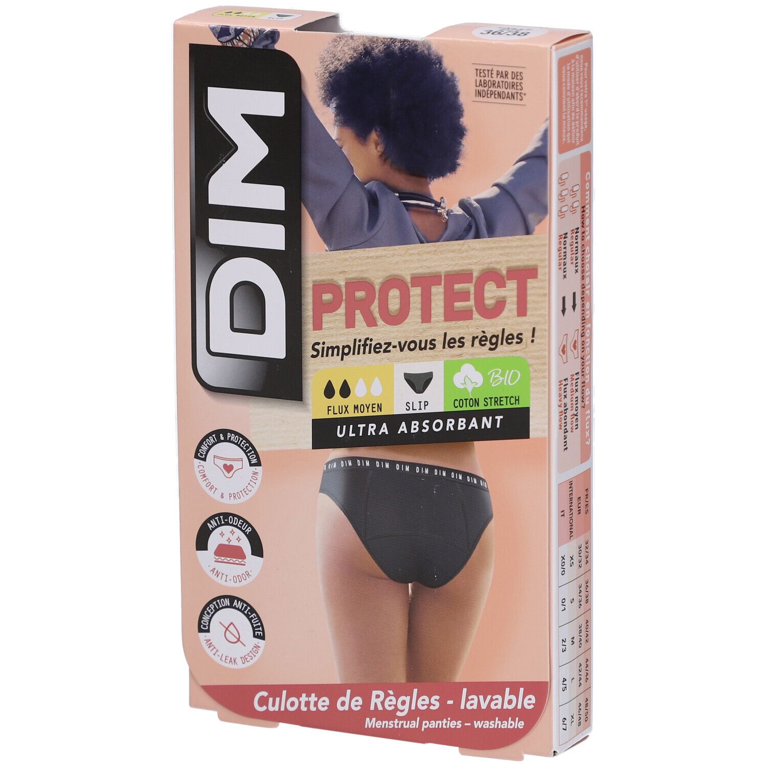 Verpackung mit DIM Protect Menstruationsslip. Schwarzer Slip, Größe 36-38, Mittelfluss. Bio-Baumwolle. Ultra-absorbierend.