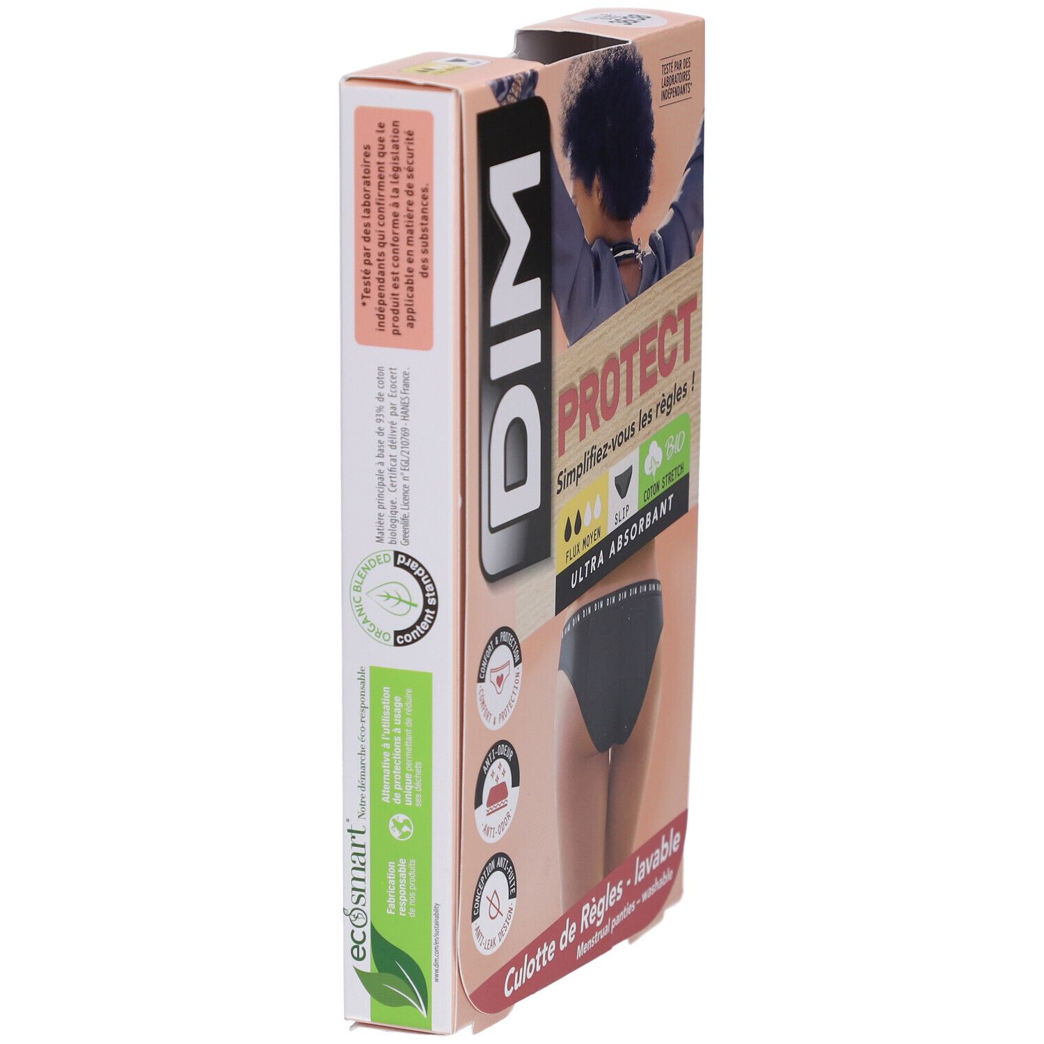 DIM Protect Verpackung. Menstruationsslip, Größe 36-38. Öko-Zertifizierung. Seitliche Ansicht der Verpackung.