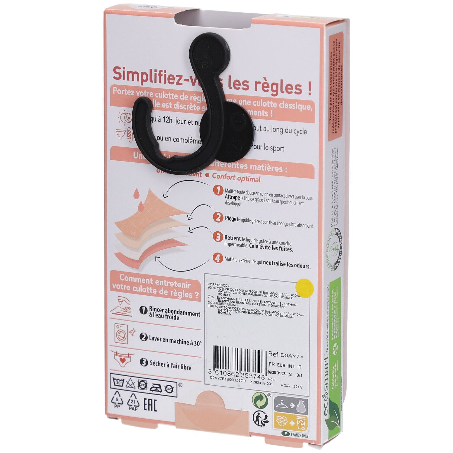 Rückseite der DIM Protect Verpackung. Informationen zur Verwendung und Pflege des Menstruationsslips.