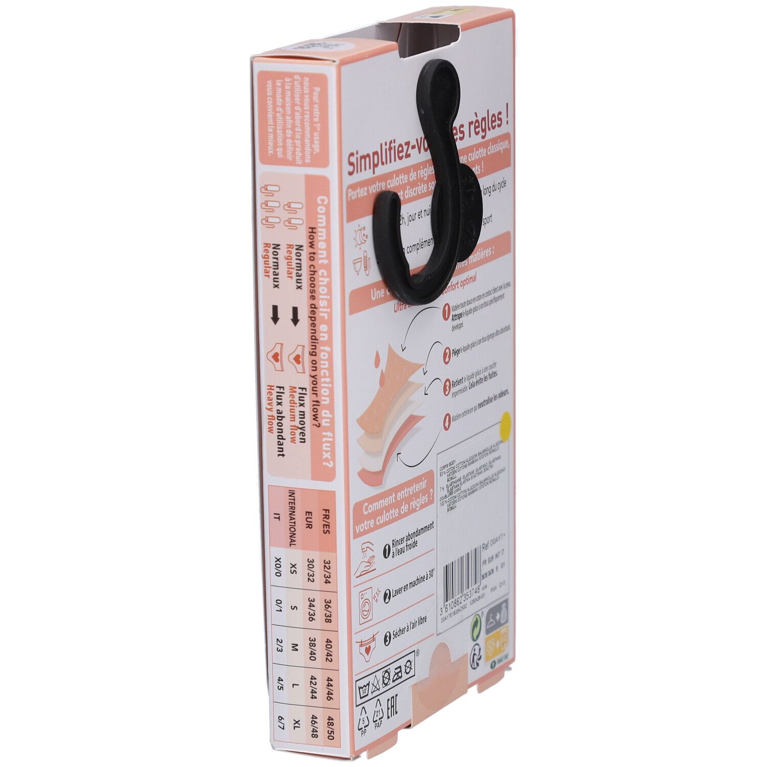DIM Protect Verpackung. Größentabelle für Menstruationsslips. Informationen zum Fluss.