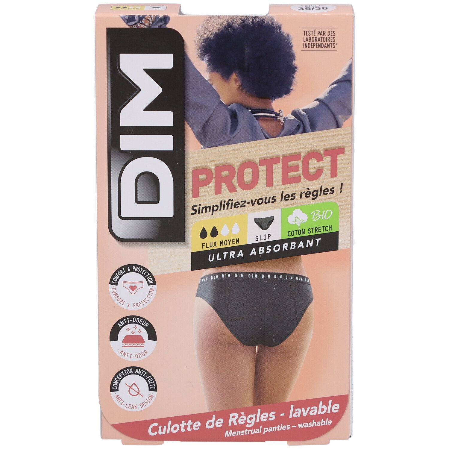 DIM Protect Verpackung. Menstruationsslip, Größe 36-38, Mittelfluss. Schwarzer Slip. Bio-Baumwolle. Ultra-absorbierend.