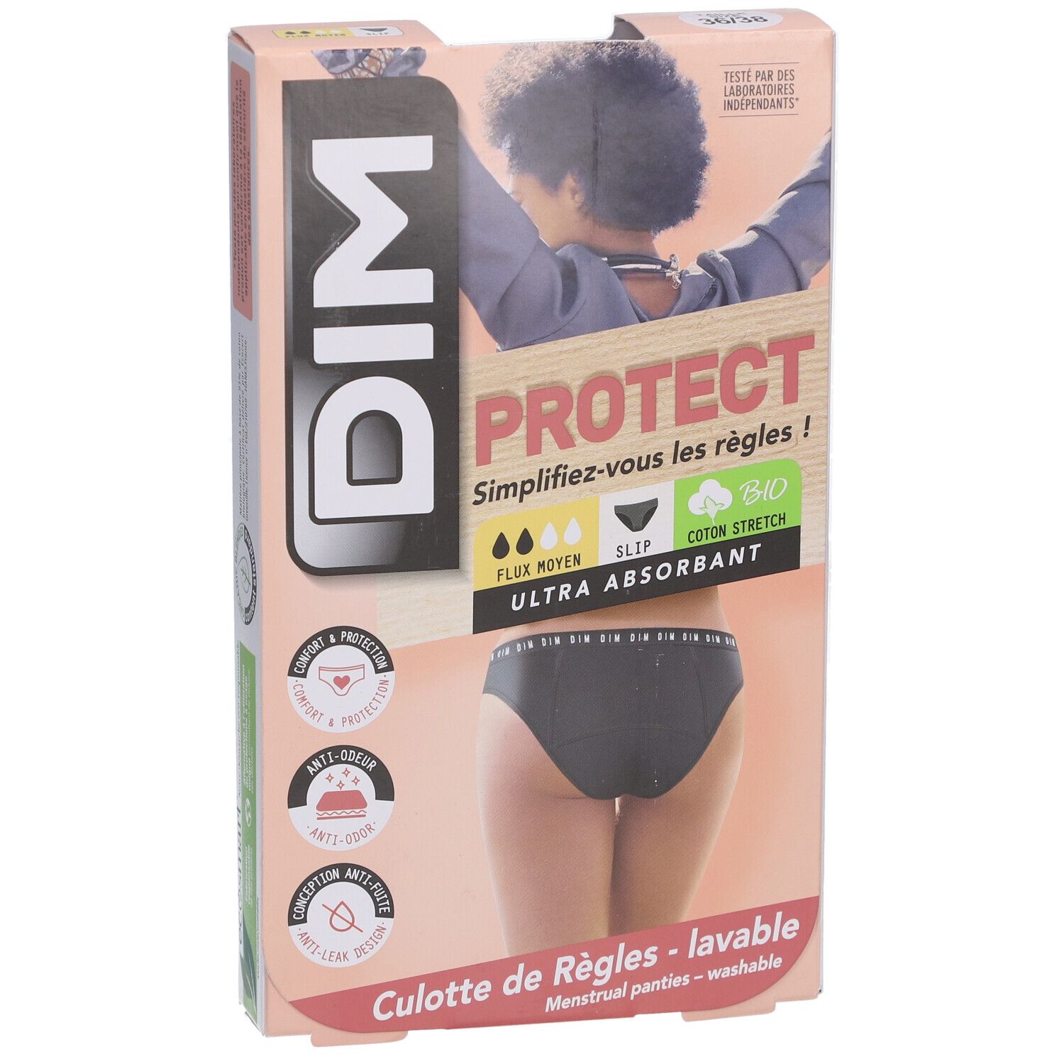 DIM Protect Verpackung. Menstruationsslip, Größe 36-38, Mittelfluss. Schwarzer Slip mit Logo. Ultra-absorbierend.