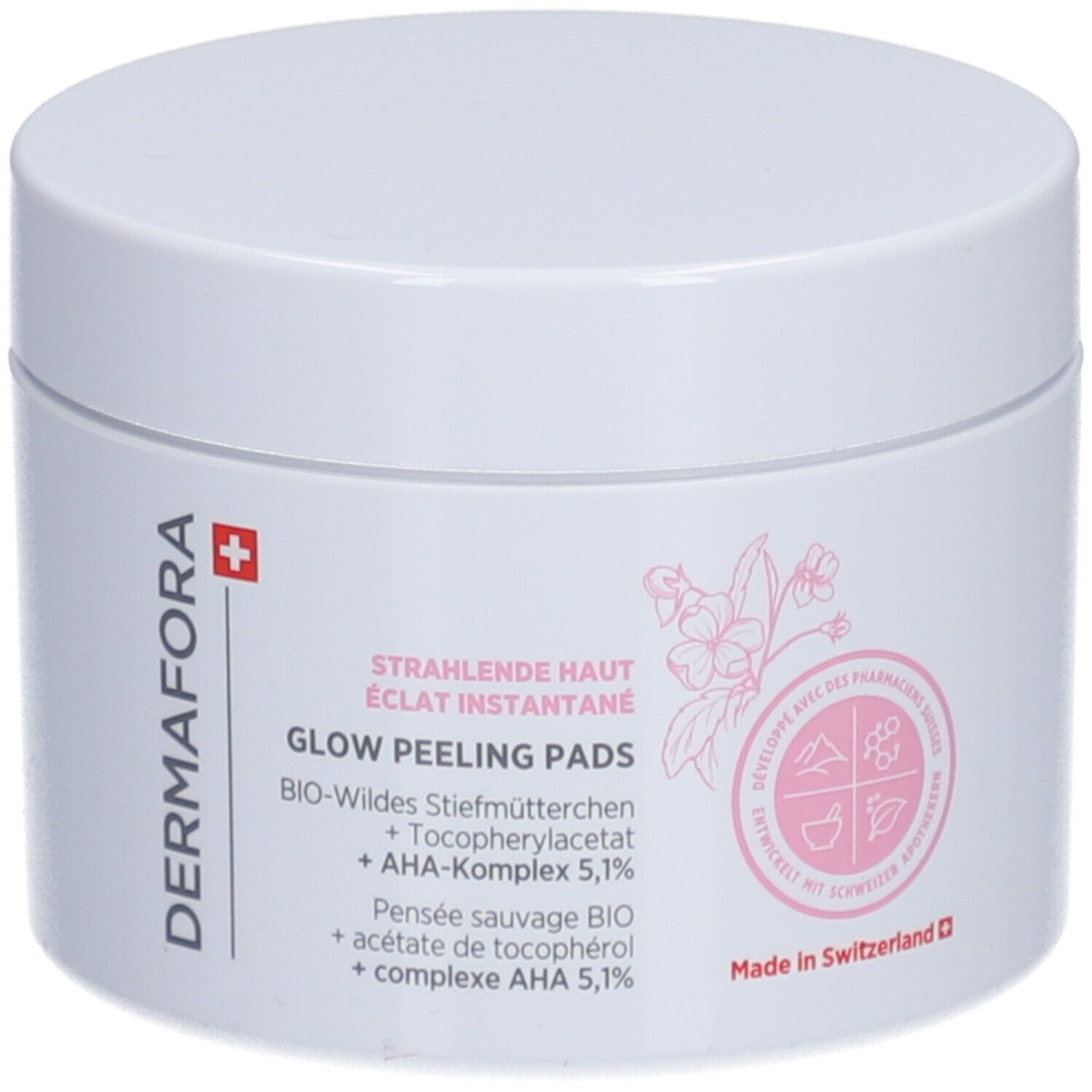 Pot blanc avec impression rose. Inscription : Dermafora, Glow Peeling Pads. Avec croix suisse.