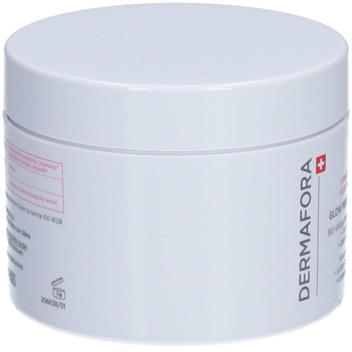 Pot blanc avec impression rose. Inscription : Dermafora. Avec croix suisse. Vue latérale.