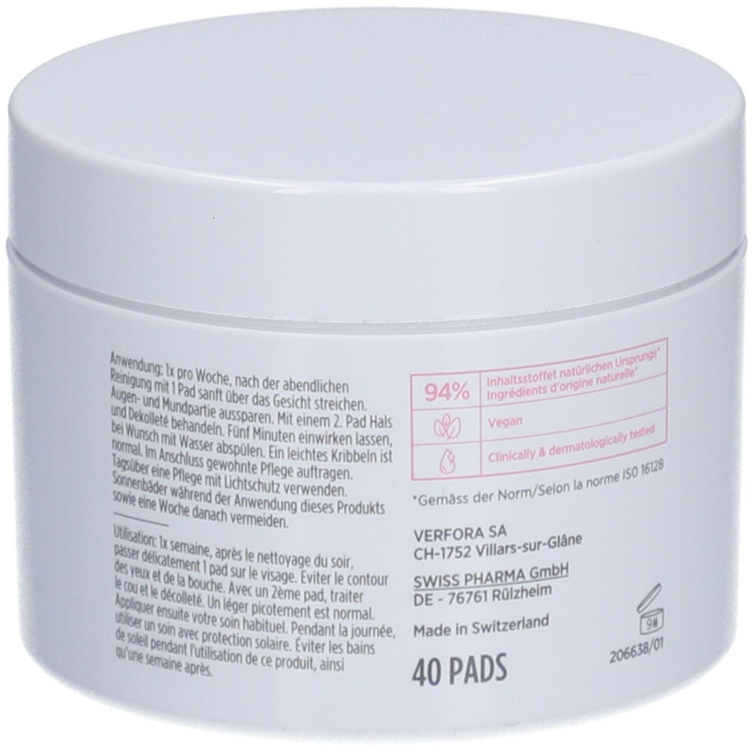 Pot blanc avec impression rose. Inscription : 40 Pads. Texte en allemand et français. Vegan.