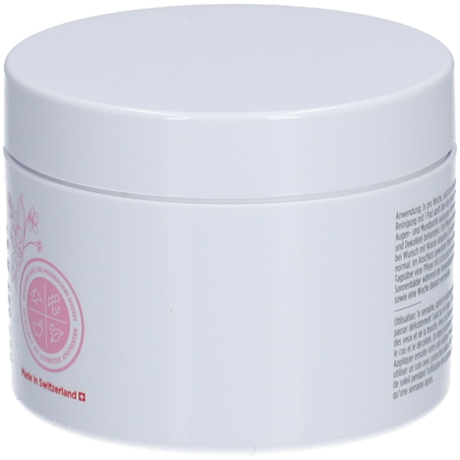 Pot blanc avec impression rose. Inscription : Dermafora. Avec croix suisse. Vue détaillée.