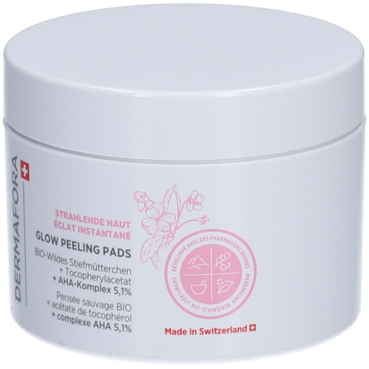 Pot blanc avec impression rose. Inscription : Dermafora, Glow Peeling Pads. Avec croix suisse.