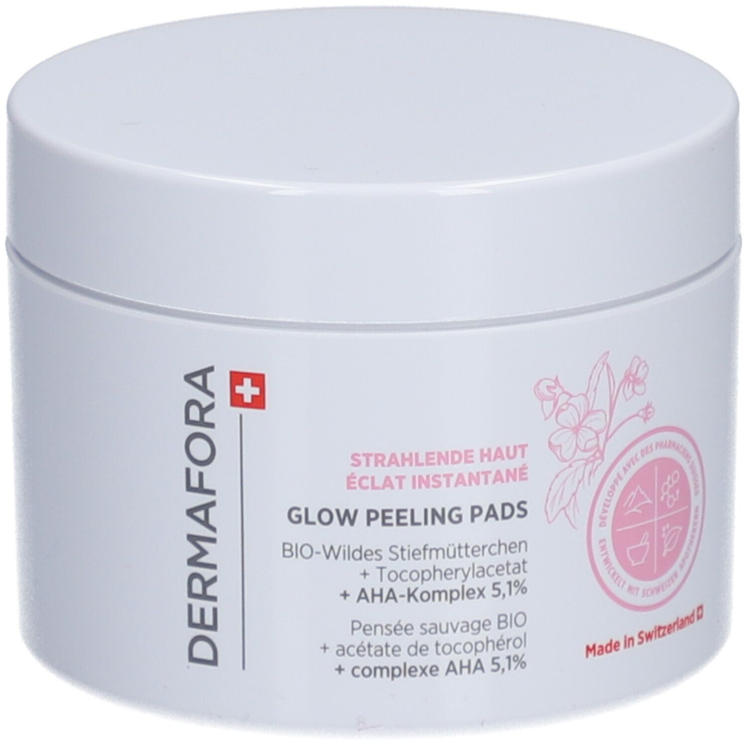 Pot blanc avec impression rose. Inscription : Dermafora, Glow Peeling Pads. Avec croix suisse.
