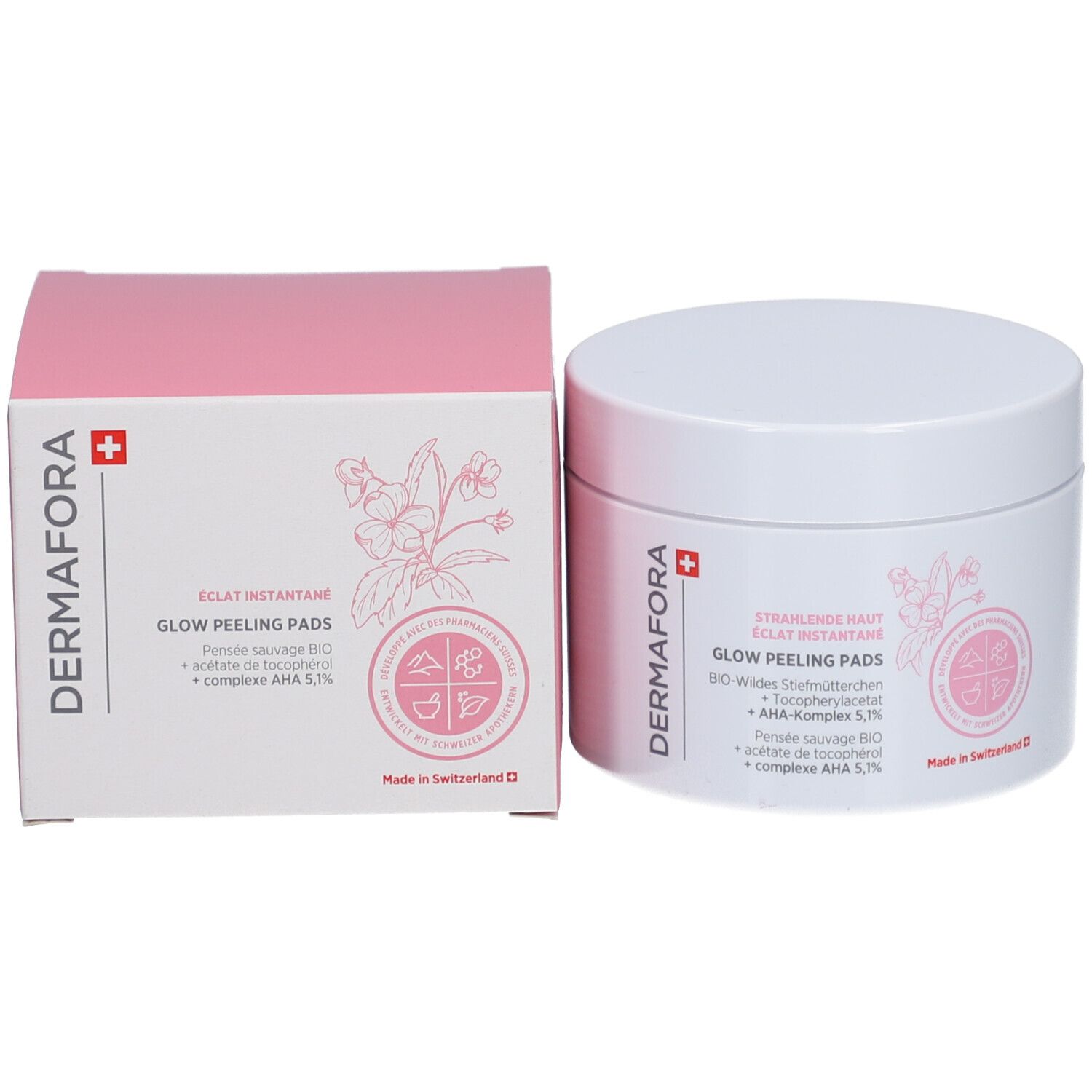 Emballage du produit et pot. Inscription : Dermafora, Glow Peeling Pads. Avec croix suisse.