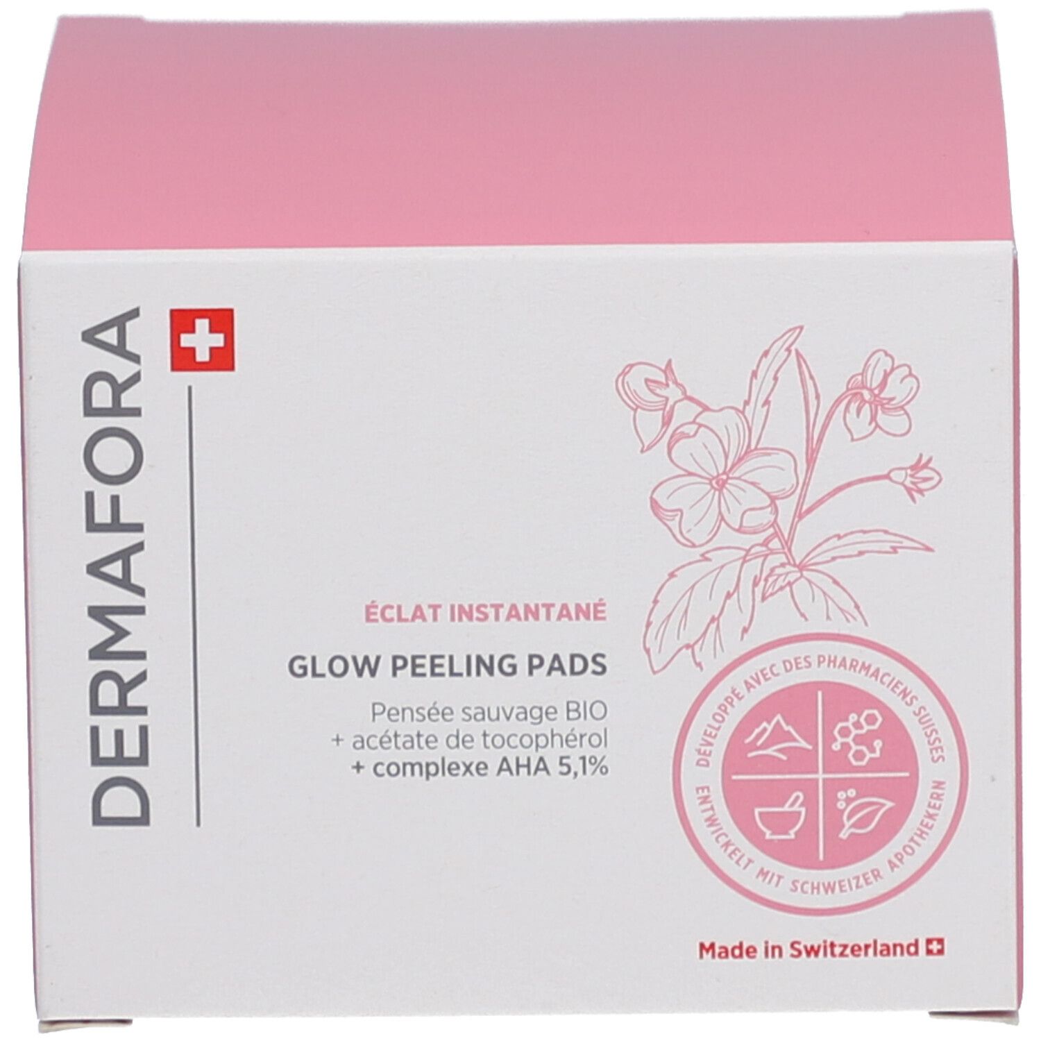 Emballage du produit. Inscription : Dermafora, Glow Peeling Pads. Avec croix suisse.
