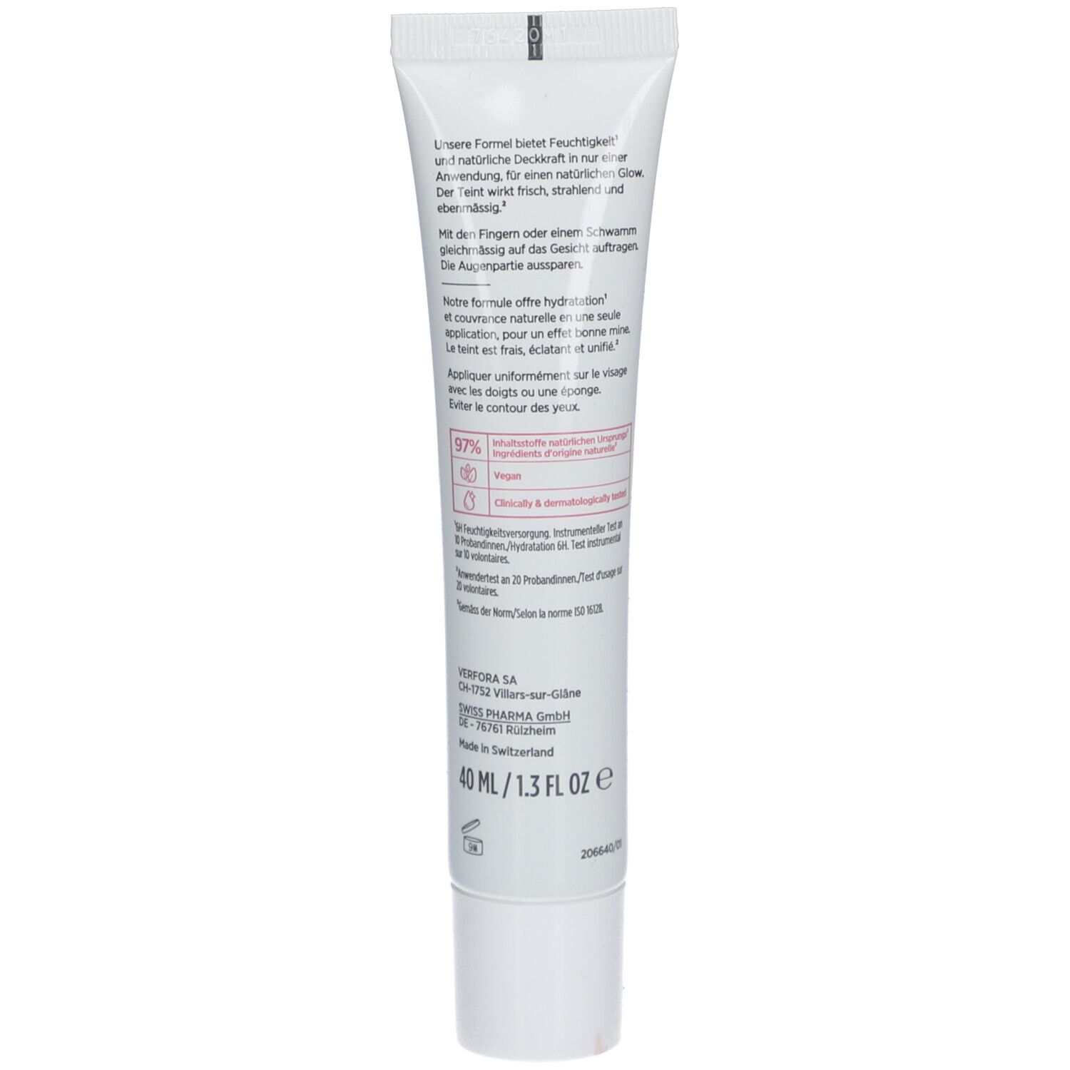 Rückseite der Tube. Text in deutscher Sprache. Enthält Informationen über Inhaltsstoffe und Anwendung. 40 ml/1.3 fl oz.