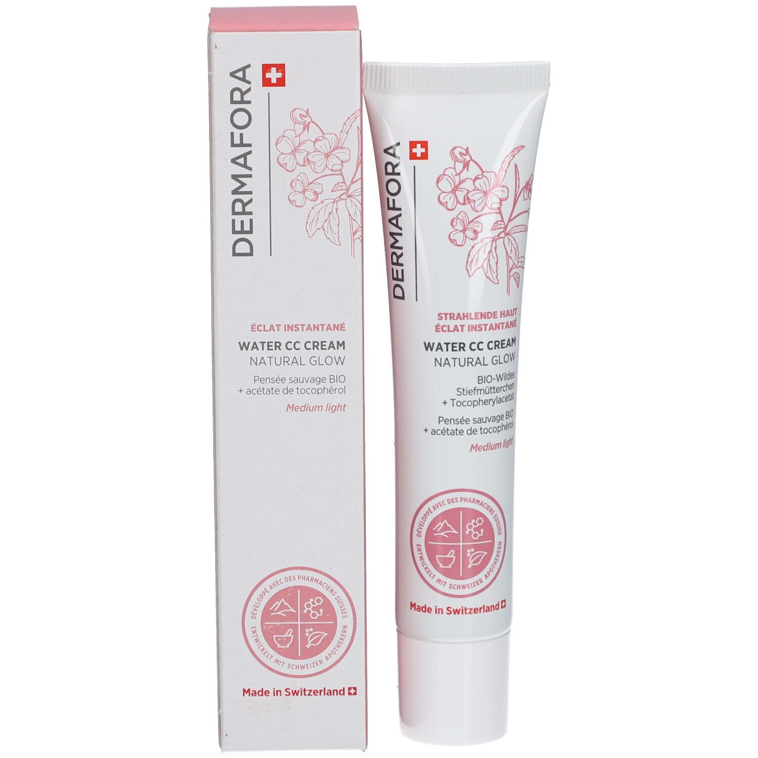 Produktverpackung: Tube und Schachtel. Aufschrift: Dermafora, Water CC Cream Natural Glow. Schweizer Kreuz und florales Muster.
