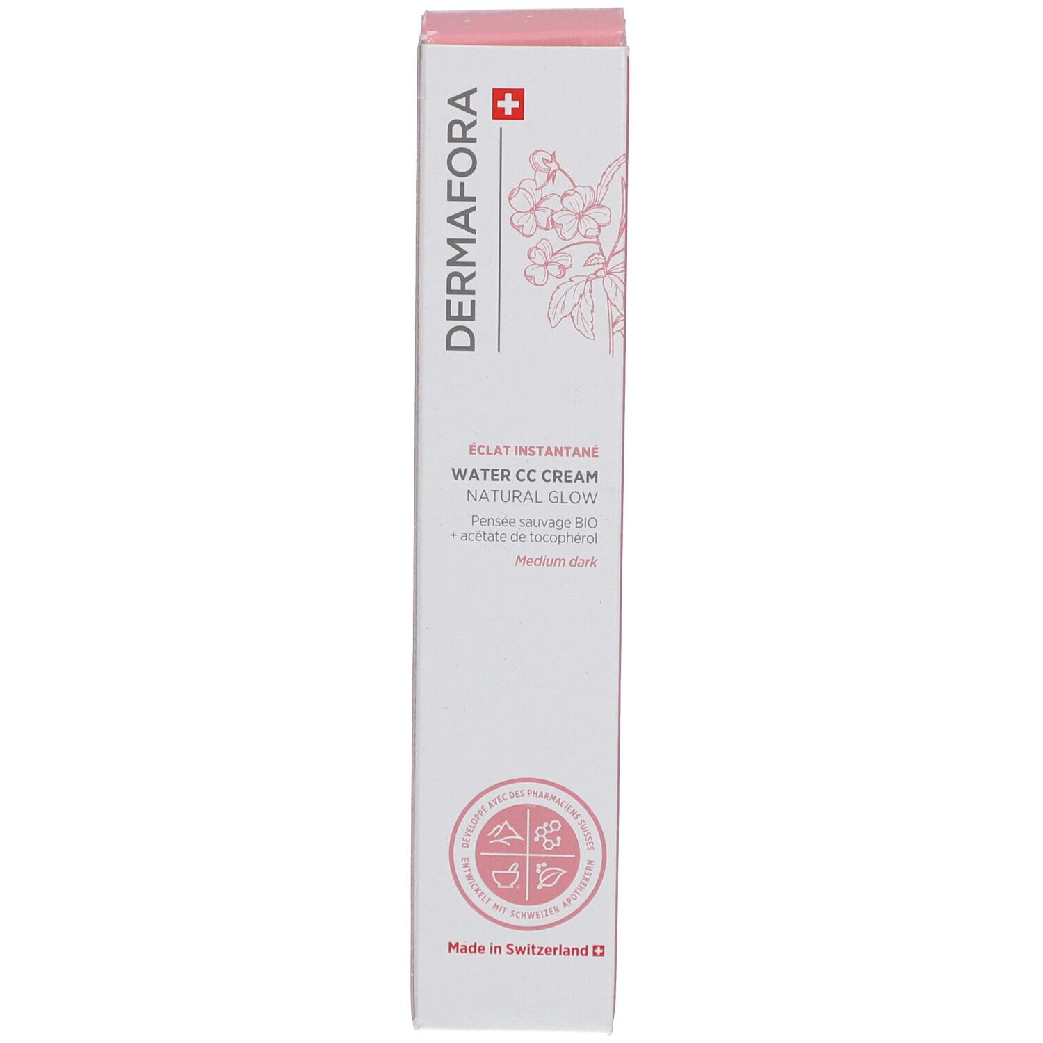 Schachtel mit Produktinformationen. Dermafora Logo, Water CC Cream, Natural Glow. Farbton Medium.