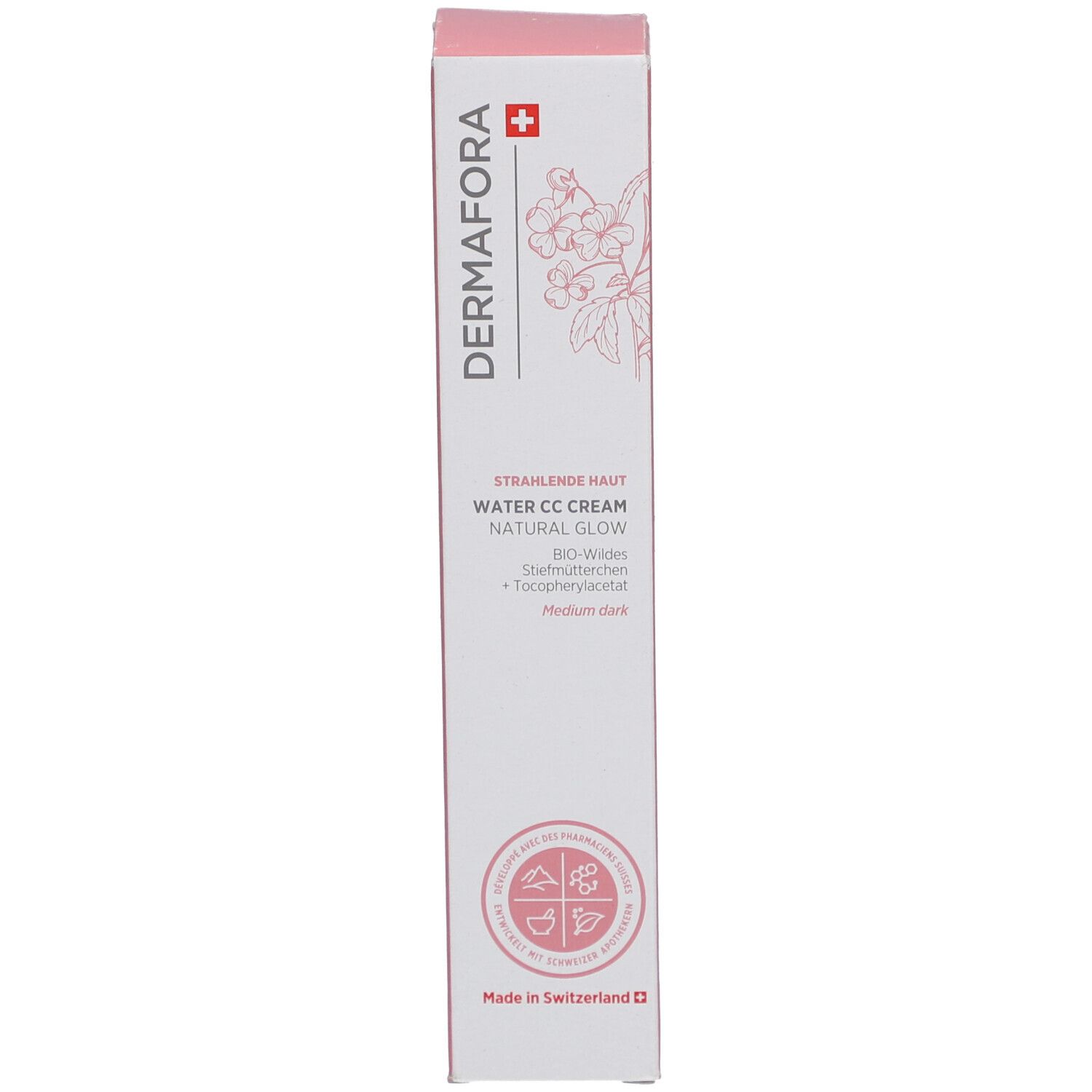Schachtel mit Produktinformationen. Dermafora Logo, Water CC Cream, Natural Glow. Farbton Medium.