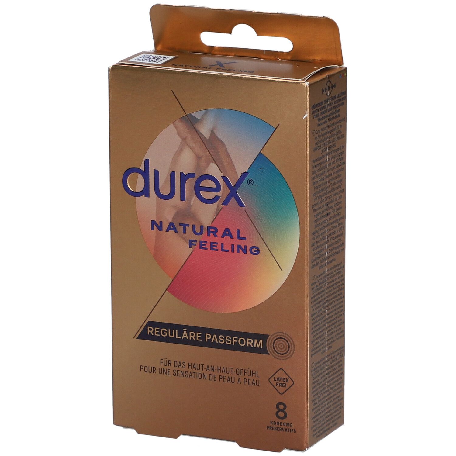 Boîte dorée de préservatifs Durex Natural Feeling. Inscription : Ajustement régulier, 8 unités, sans latex.