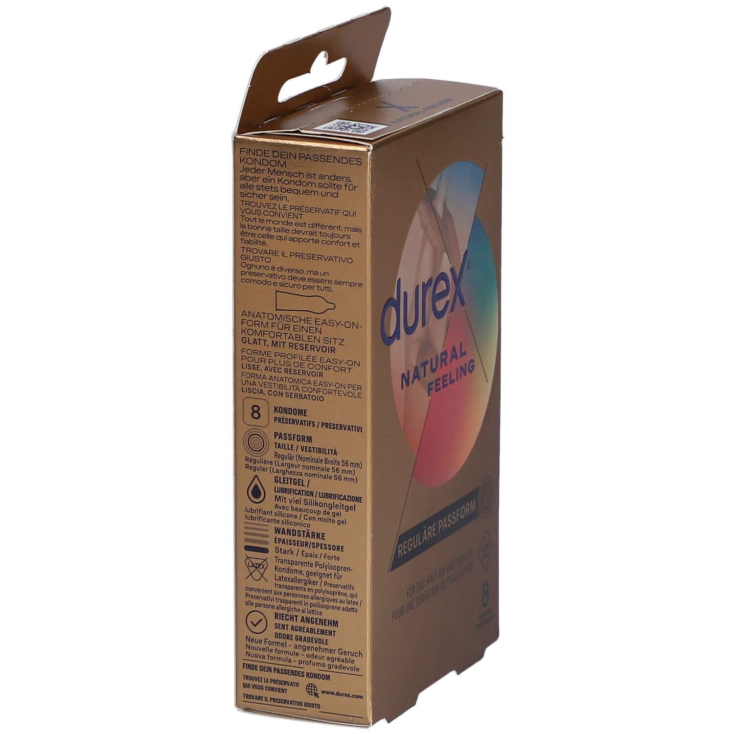 Boîte dorée de préservatifs Durex Natural Feeling. Texte sur le côté. Ajustement anatomique, 8 préservatifs.